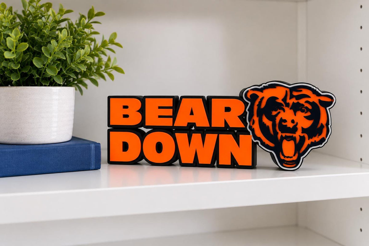 Chicago Bears - BEAR DOWN - Desk Sign | 3D Printed Football Decor (Navy, Orange, White)