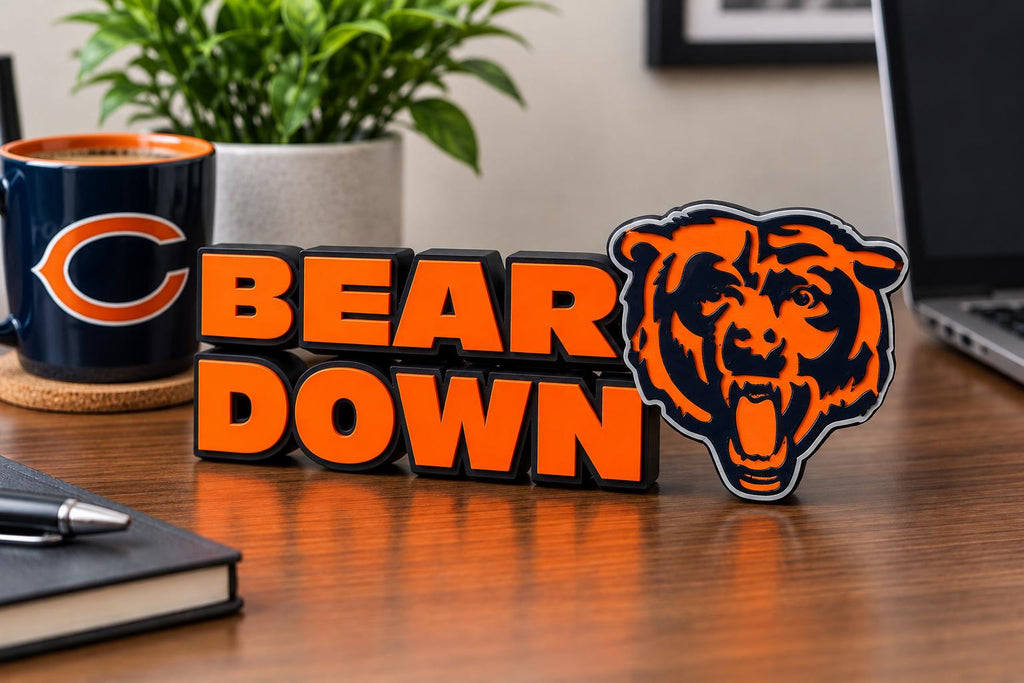 Chicago Bears - BEAR DOWN - Desk Sign | 3D Printed Football Decor (Navy, Orange, White)