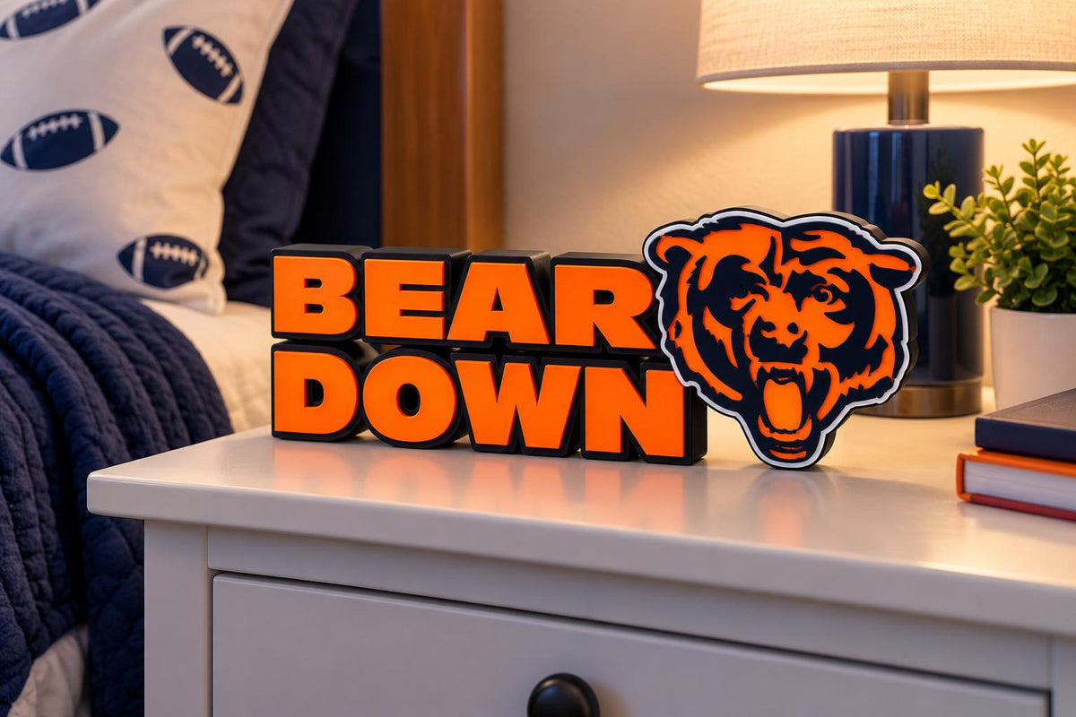 Chicago Bears - BEAR DOWN - Desk Sign | 3D Printed Football Decor (Navy, Orange, White)