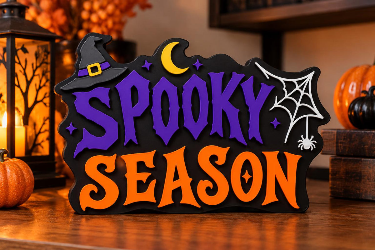 Spooky Season 3D Printed Halloween Desk Sign | Purple and Orange Fall Shelf Decor