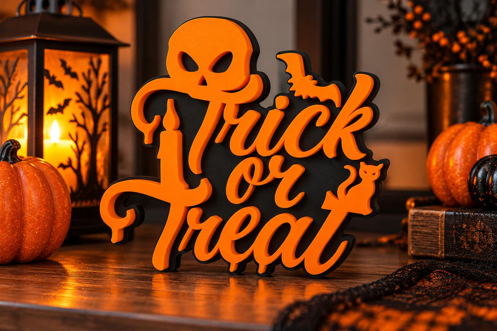 Trick or Treat 3D Printed Halloween Desk Sign | Ghost Decor | Spooky Shelf Decoration