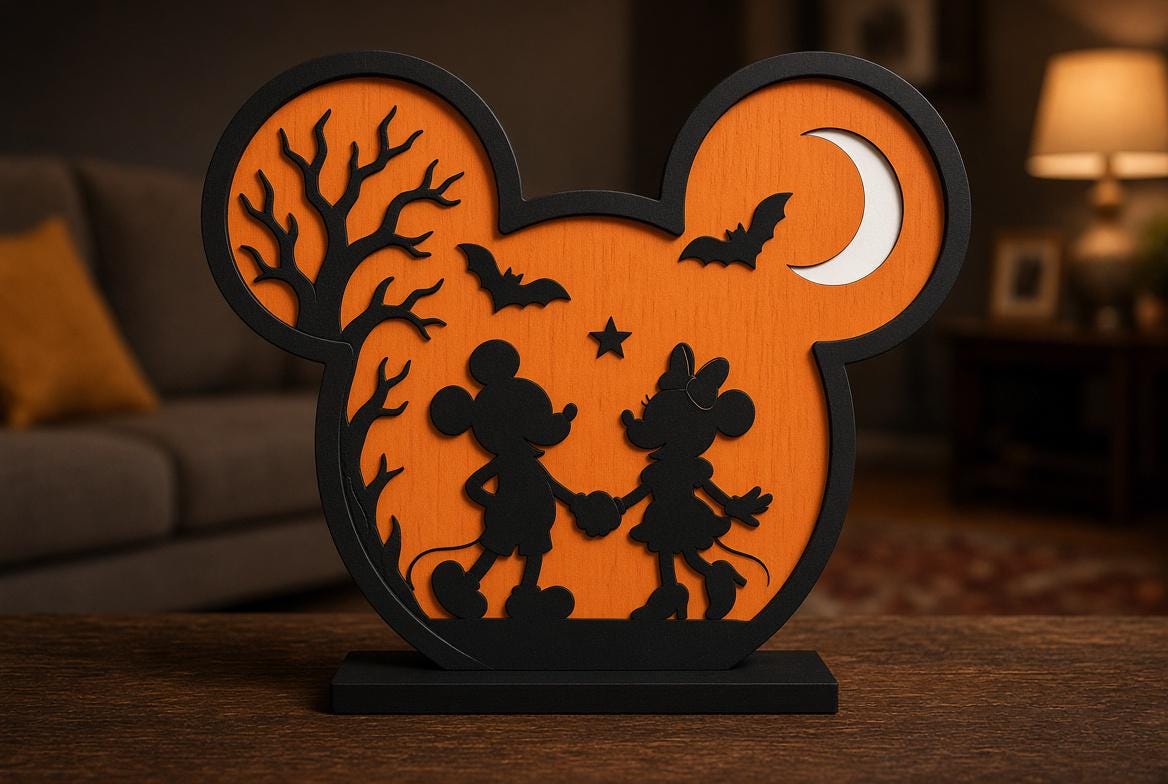 Halloween Mickey Mouse Layered Decor | Orange Black Silhouette with Tree, Bats & Moon | Freestanding Shelf Art