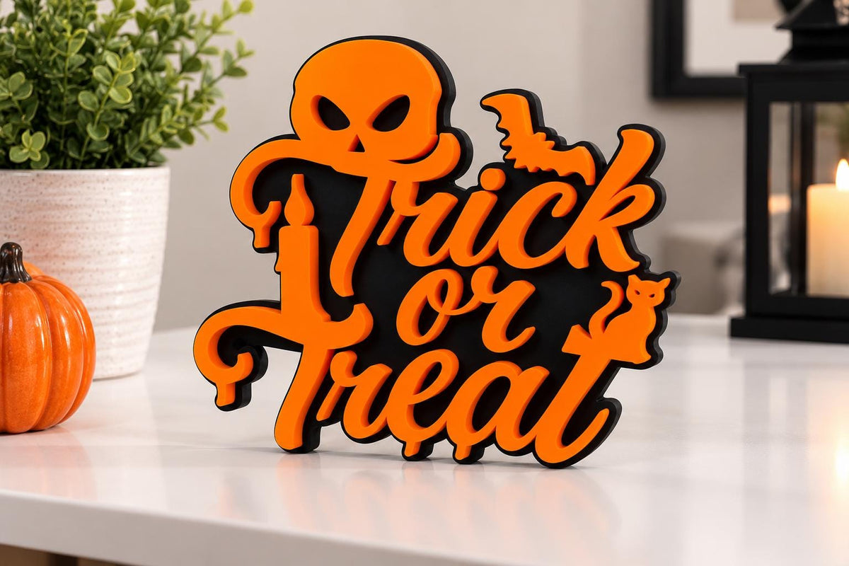 Trick or Treat 3D Printed Halloween Desk Sign | Ghost Decor | Spooky Shelf Decoration