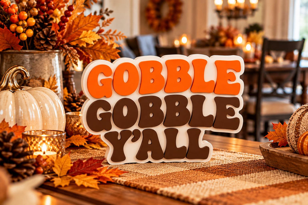 Gobble Gobble Y'all Thanksgiving Sign | 3D Printed Fall Decor | Freestanding Turkey Day Shelf Decoration | Thanksgiving Table Centerpiece
