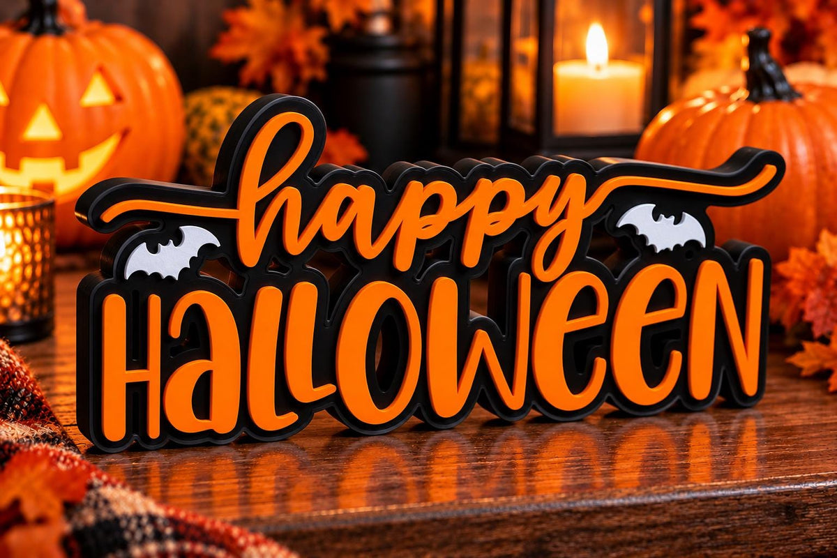 Happy Halloween 3D Printed Sign, Freestanding Halloween Decor, Spooky Tabletop Decoration, Custom Color Halloween Shelf Sign