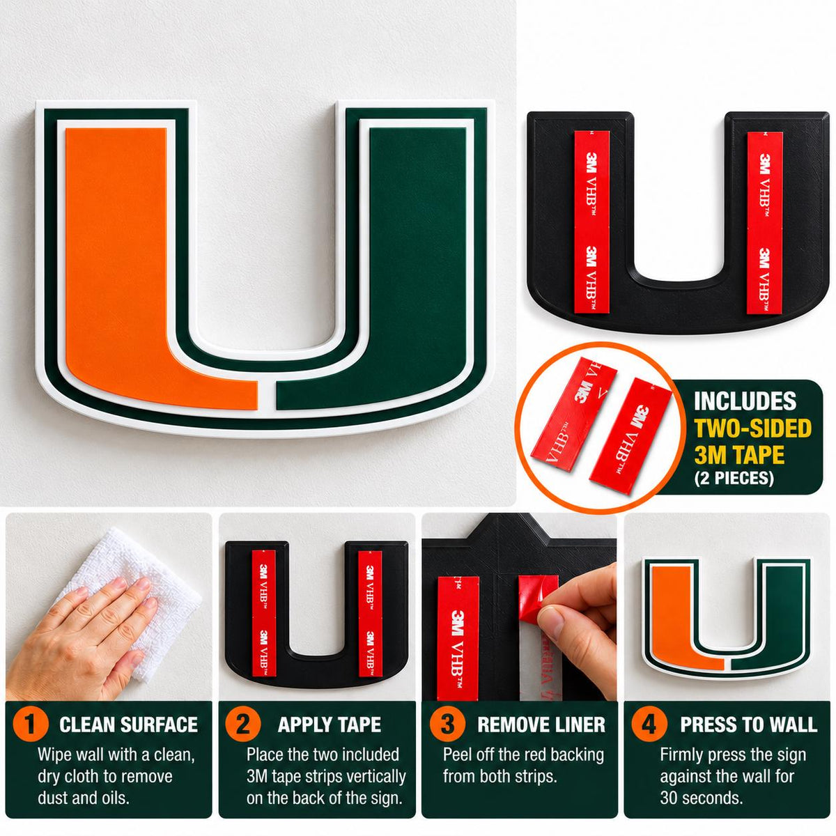 Miami Hurricanes U Logo 3D Printed Desk Sign | College Football Office Decor | Orange and Green Fan Gift
