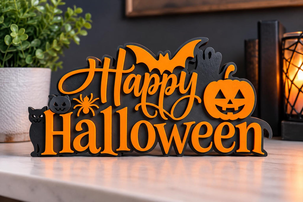 Happy Halloween 3D Printed Sign | Orange & Black Halloween Desk Decor | Spooky Pumpkin Shelf Decoration | Fall Office Decor