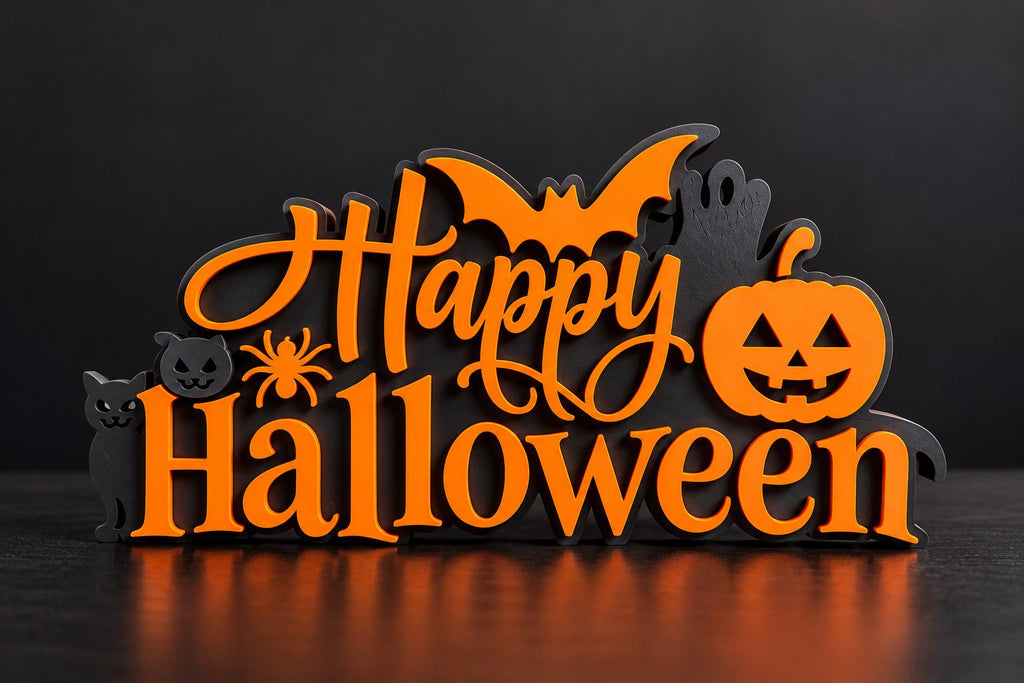 Happy Halloween 3D Printed Sign | Orange & Black Halloween Desk Decor | Spooky Pumpkin Shelf Decoration | Fall Office Decor