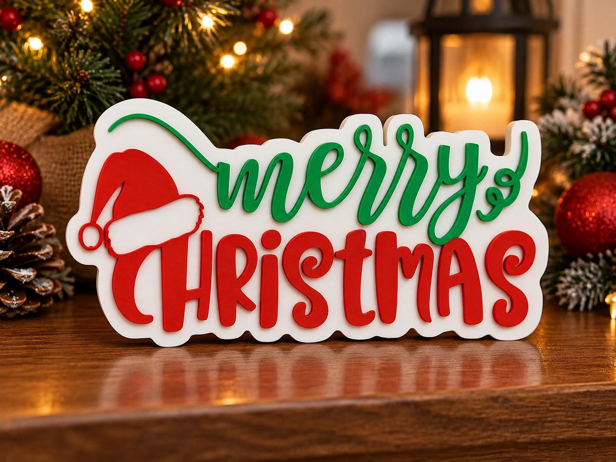 Merry Christmas 3D Printed Desk Sign | Santa Hat Holiday Decor | Christmas Shelf Decoration