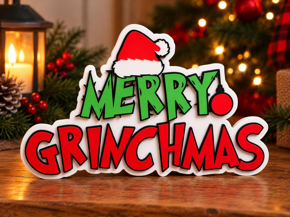 Merry Grinchmas Christmas Sign | Grinch Inspired Christmas Decor | 3D Printed Holiday Shelf Decor | Funny Christmas Gift