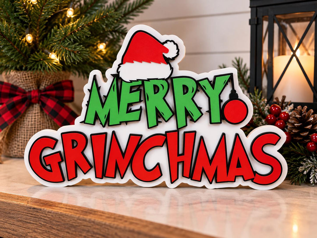 Merry Grinchmas Christmas Sign | Grinch Inspired Christmas Decor | 3D Printed Holiday Shelf Decor | Funny Christmas Gift