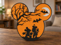 Halloween Mickey Mouse Layered Decor | Orange Black Silhouette with Tree, Bats & Moon | Freestanding Shelf Art
