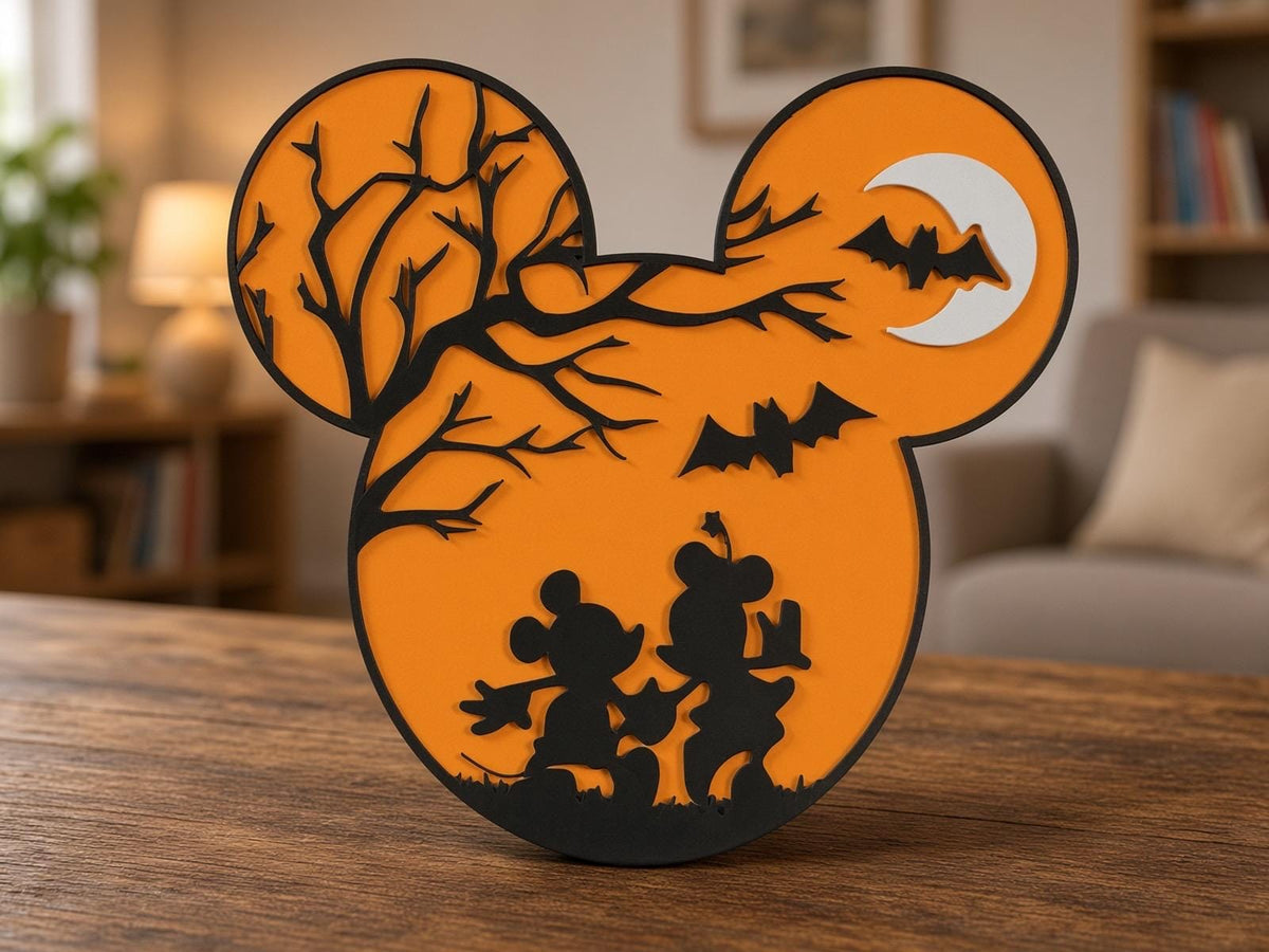 Halloween Mickey Mouse Layered Decor | Orange Black Silhouette with Tree, Bats & Moon | Freestanding Shelf Art