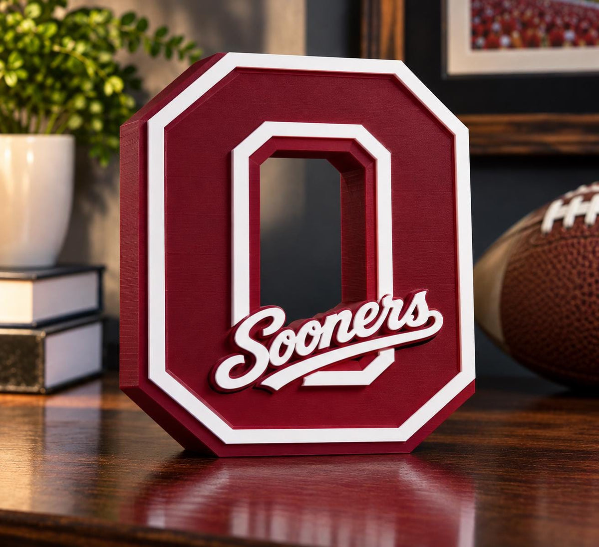 Oklahoma Sooners 3D Printed Logo Sign | College Football Desk Decor | Crimson and White Fan Gift