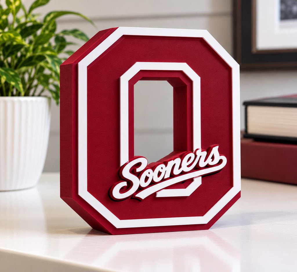 Oklahoma Sooners 3D Printed Logo Sign | College Football Desk Decor | Crimson and White Fan Gift