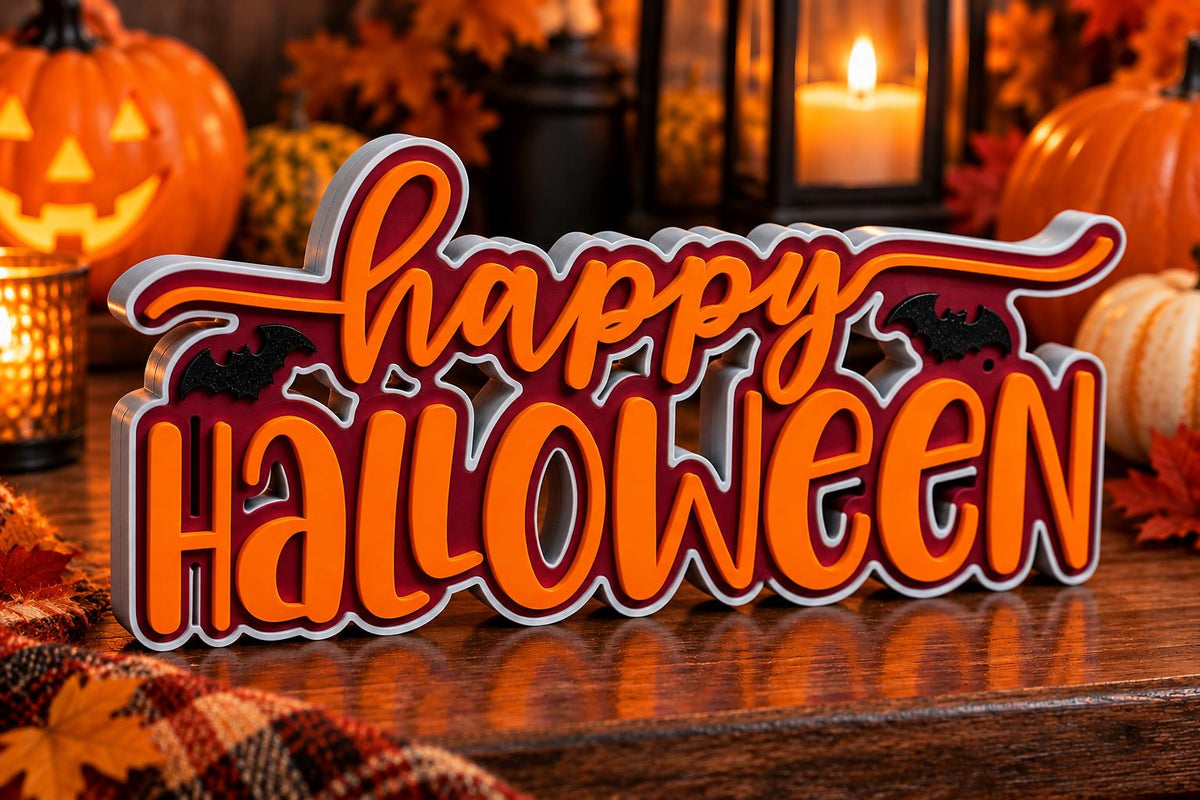 Happy Halloween 3D Printed Sign, Freestanding Halloween Decor, Spooky Tabletop Decoration, Custom Color Halloween Shelf Sign