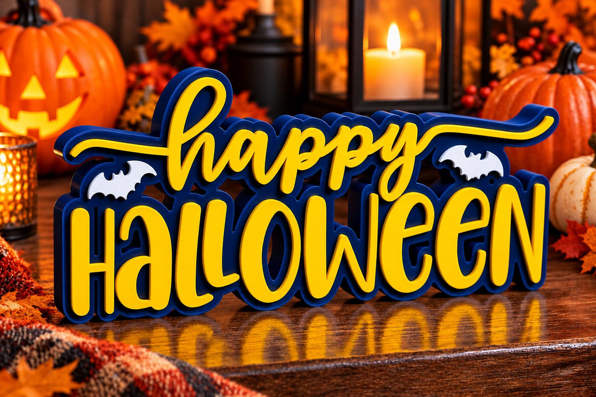 Happy Halloween 3D Printed Sign, Freestanding Halloween Decor, Spooky Tabletop Decoration, Custom Color Halloween Shelf Sign