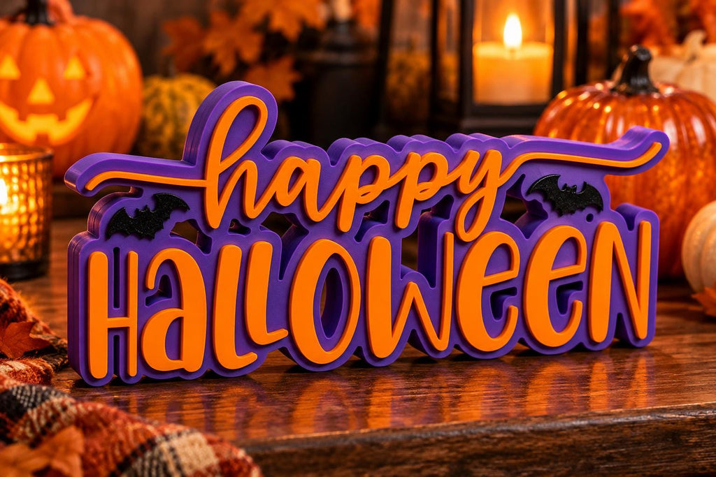 Happy Halloween 3D Printed Sign, Freestanding Halloween Decor, Spooky Tabletop Decoration, Custom Color Halloween Shelf Sign