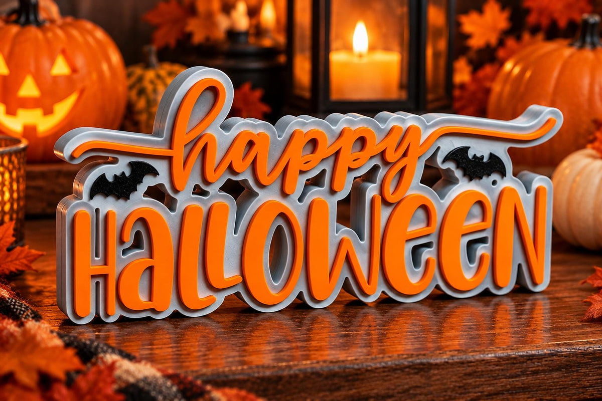 Happy Halloween 3D Printed Sign, Freestanding Halloween Decor, Spooky Tabletop Decoration, Custom Color Halloween Shelf Sign