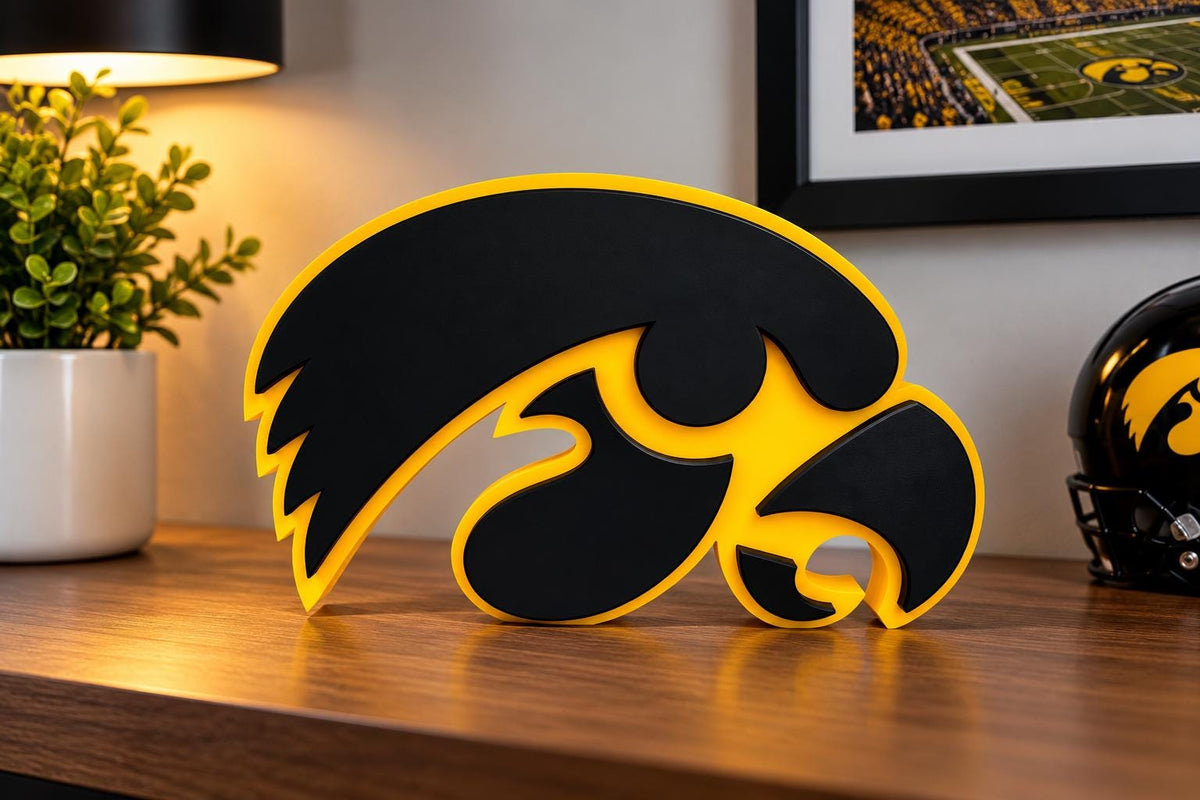 Iowa Hawkeyes 3D Printed Logo Sign | Black and Gold Desk Decor | Iowa Football Fan Gift | College Sports Room Decor