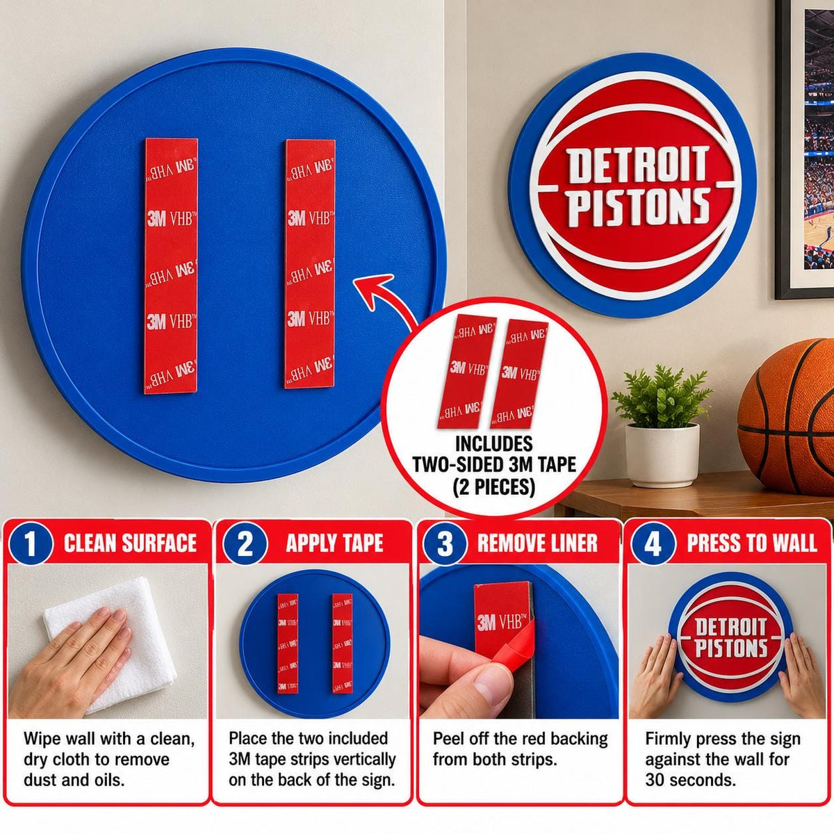 Detroit Pistons 3D Printed Logo Sign | NBA Basketball Wall Decor | Detroit Fan Gift | Sports Bedroom & Man Cave Decor