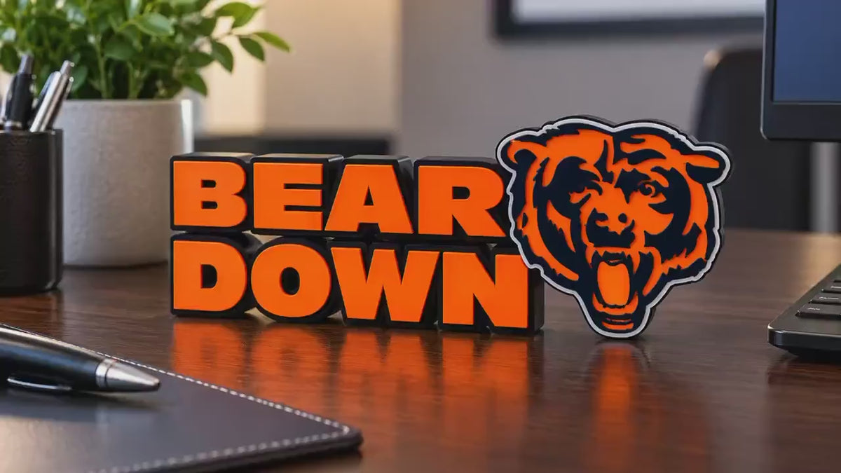 Chicago Bears - BEAR DOWN - Desk Sign | 3D Printed Football Decor (Navy, Orange, White)