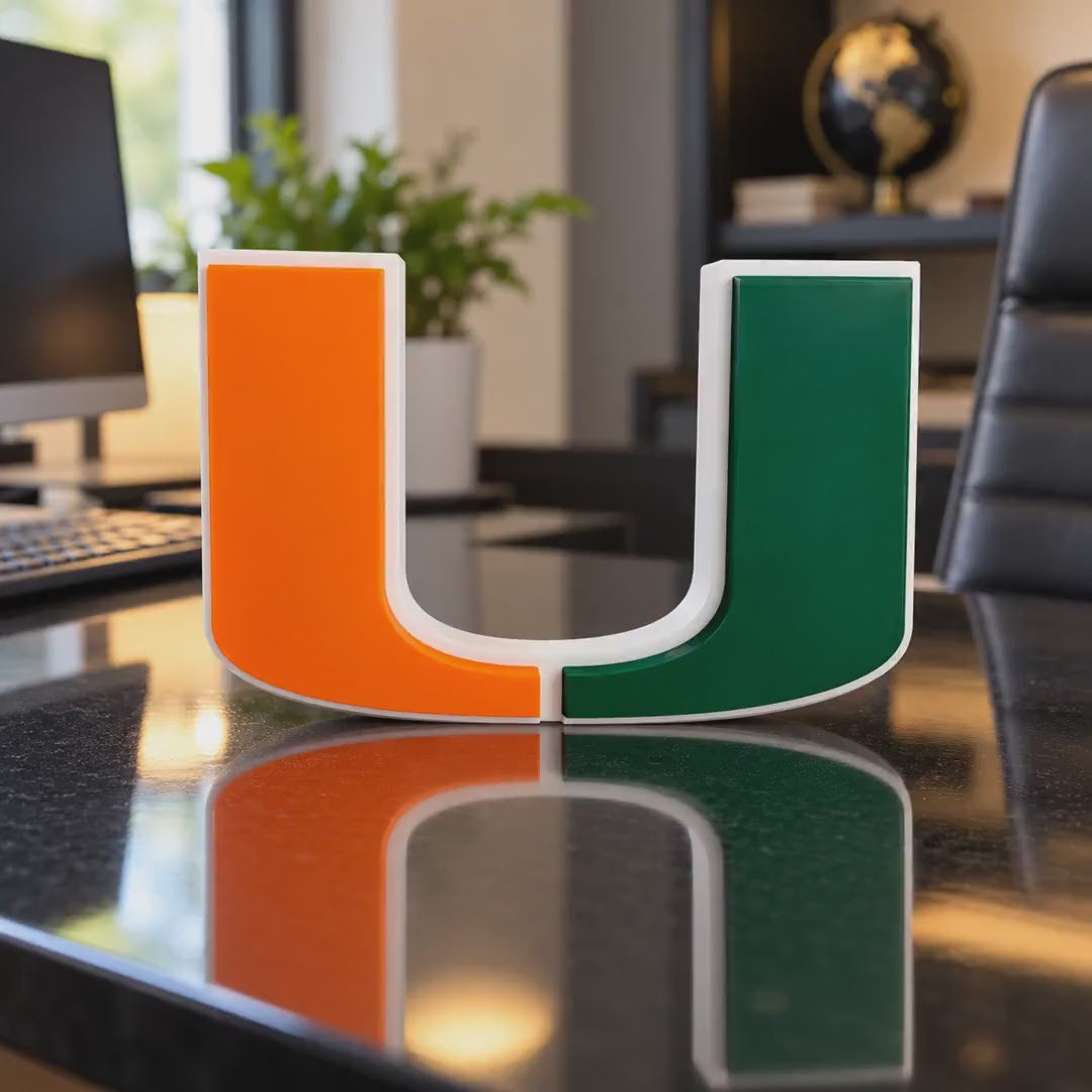 Miami Hurricanes U Logo 3D Printed Desk Sign | College Football Office Decor | Orange and Green Fan Gift